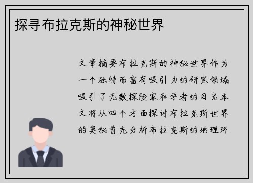 探寻布拉克斯的神秘世界